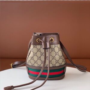 Gucci Brown GG Canvas Drawstring Bucket Bag with Web Stripe